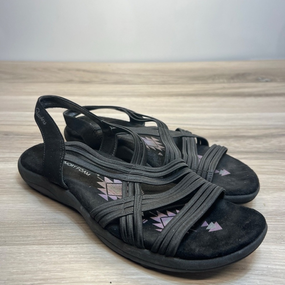 Skechers Reggae Black Slim Sandals Stretch Slip On Women’s Size 8 Like New